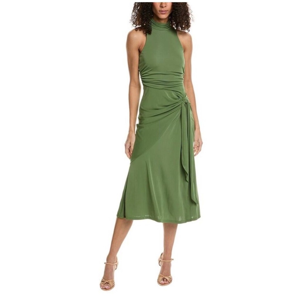 Olive Green Mock Neck Ruched Side Tie Midi Dress Sleeveless Mermaid Hem